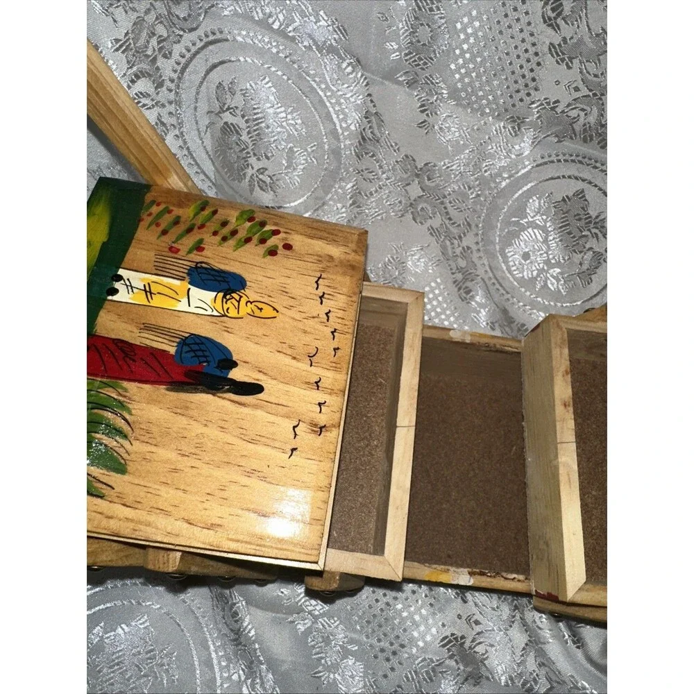 VTG Wood Fold-Out Sewing Box Hand Painted Mexico Double Handle Small 3 Tier
